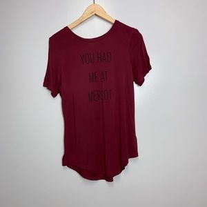 Printed tshirt with writing “Had me at merlot”